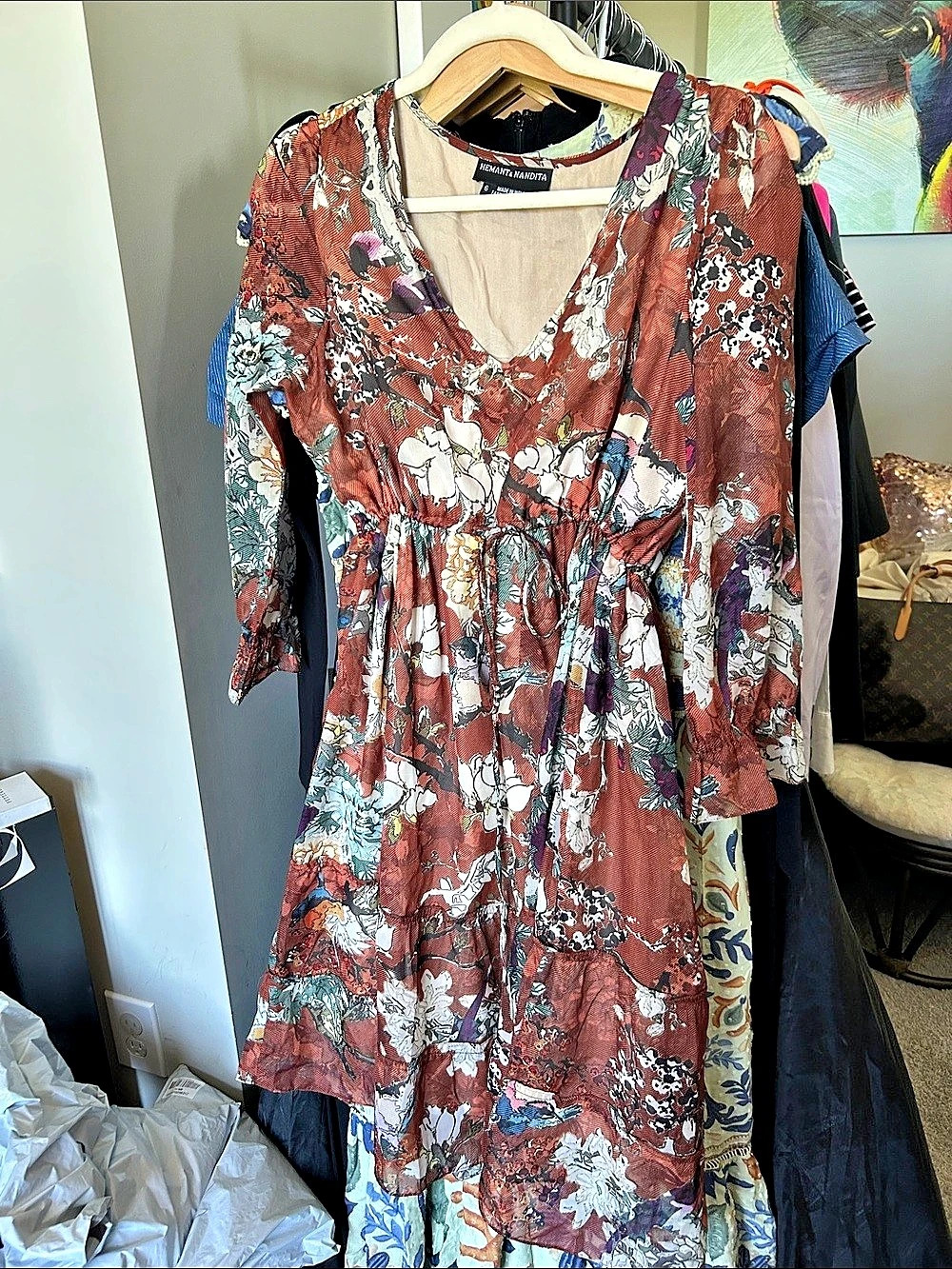 Hemant & Nandita Floral Mini Dress in Red Size 6 Like New